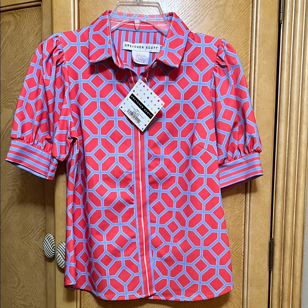 Gretchen Scott Designs coral and Blue Geometric Blouse